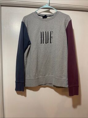 HUF Men's Grey Crewneck with Navy and Burgundy Sleeves size medium
